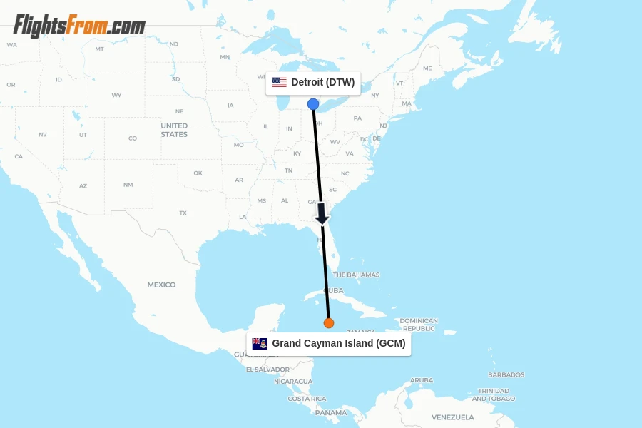 Flights from Detroit to Grand Cayman Island route map
