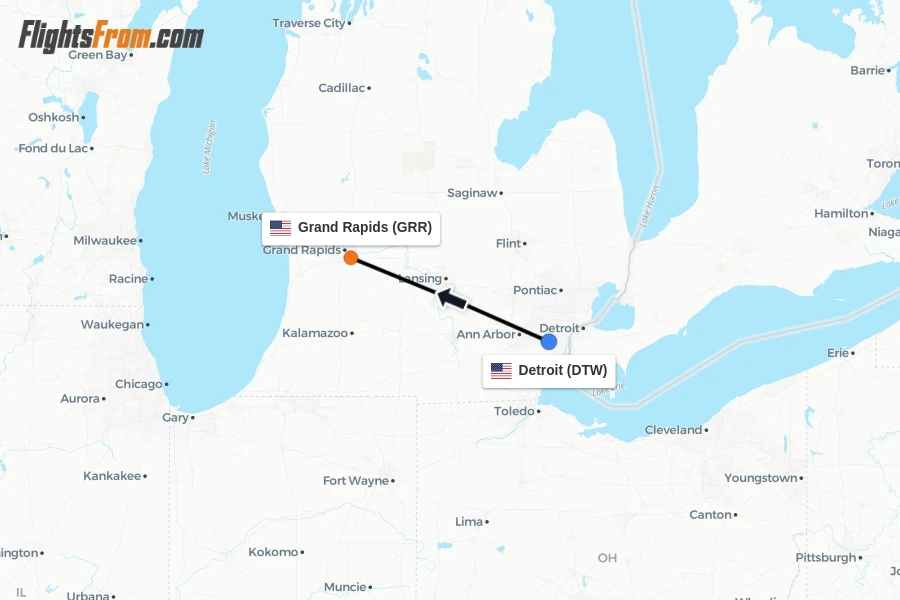 Flights from Detroit to Grand Rapids route map