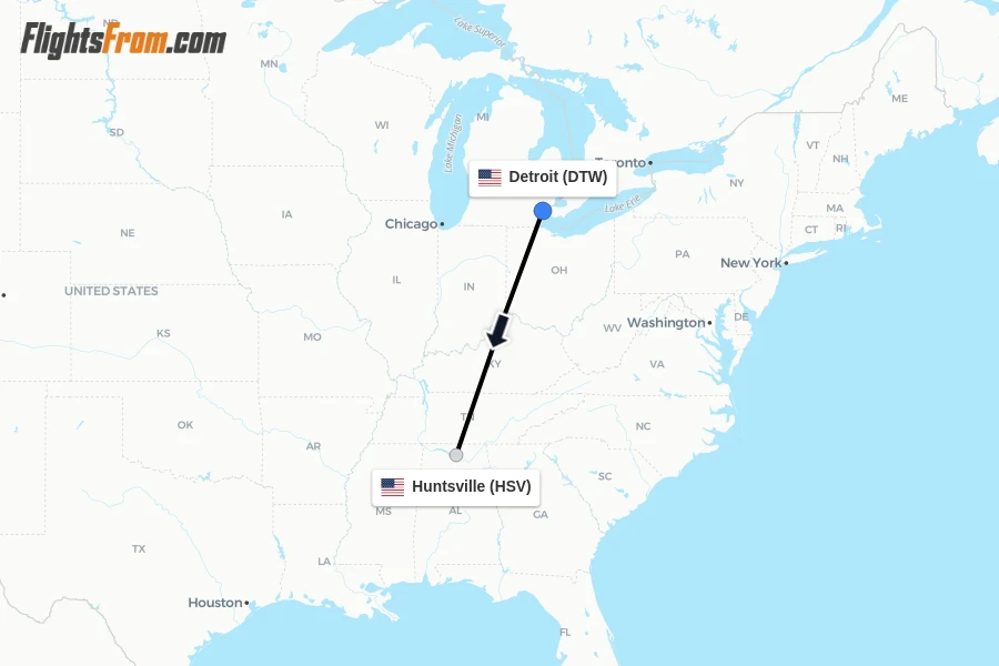 Flights from Detroit to Huntsville route map