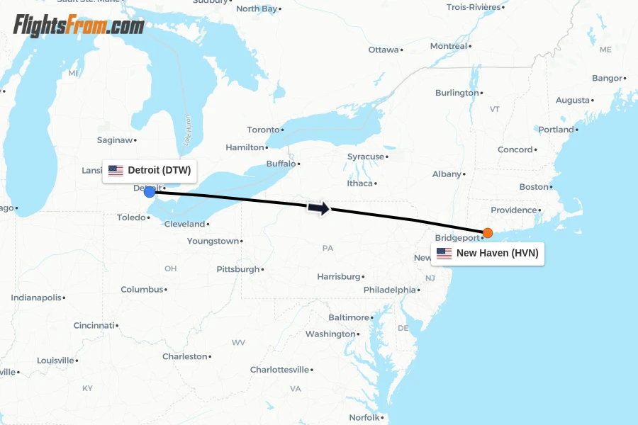 Flights from Detroit to New Haven route map