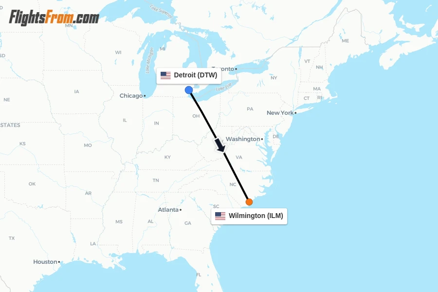 Flights from Detroit to Wilmington route map