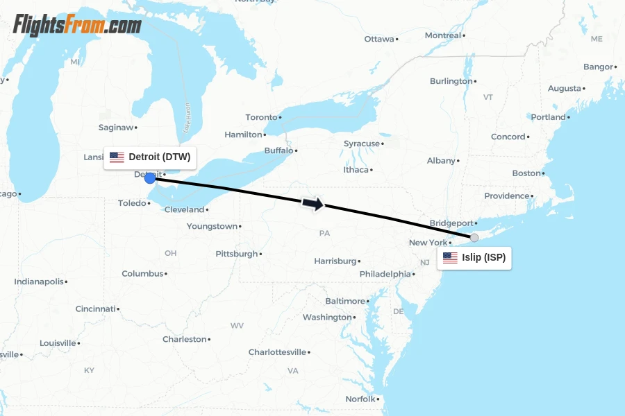 Flights from Detroit to Islip route map