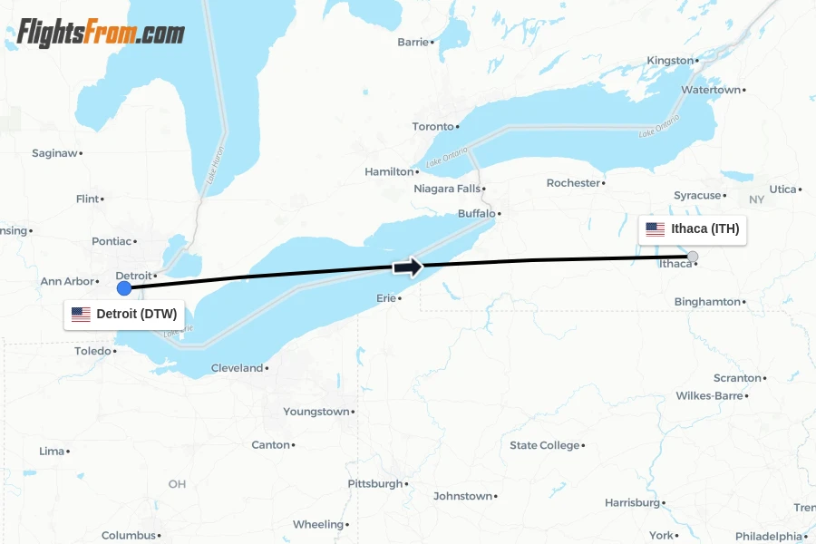 Flights from Detroit to Ithaca route map