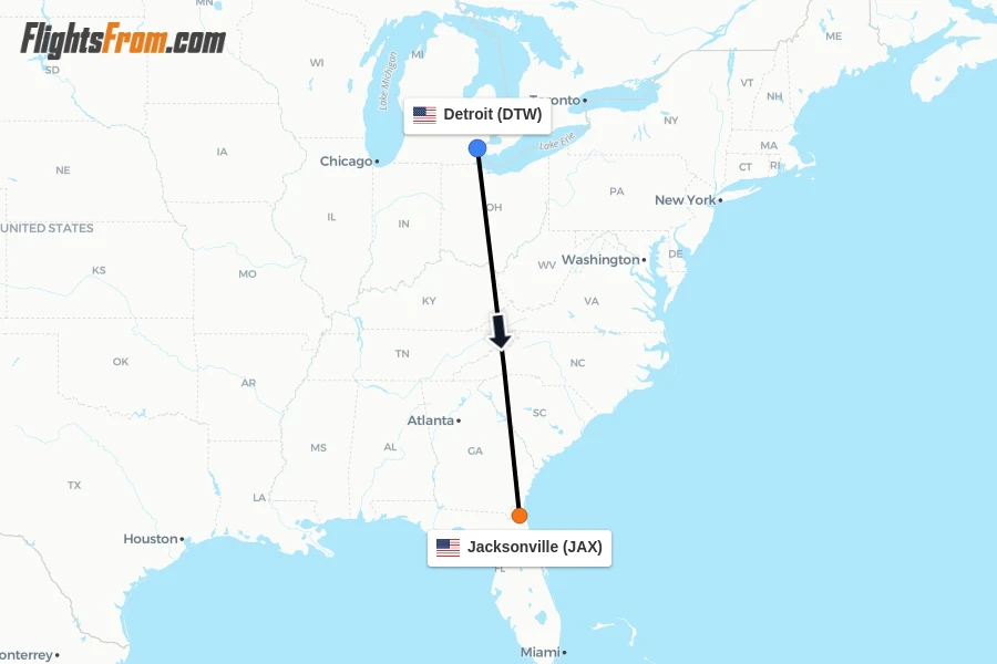 Flights from Detroit to Jacksonville route map