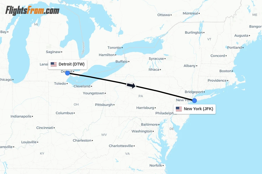 Flights from Detroit to New York route map