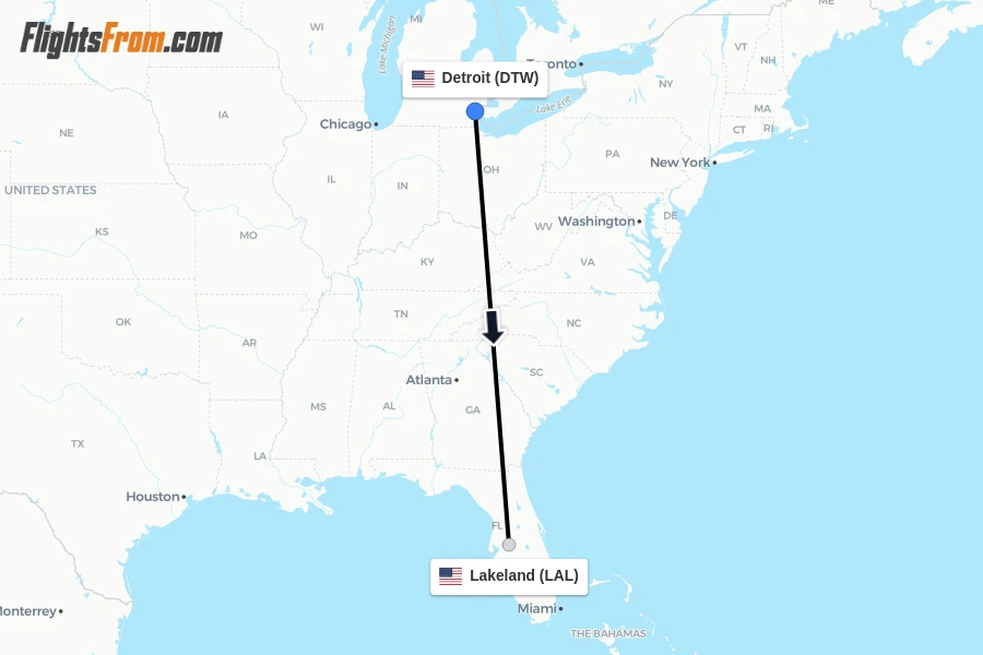 Flights from Detroit to Lakeland route map