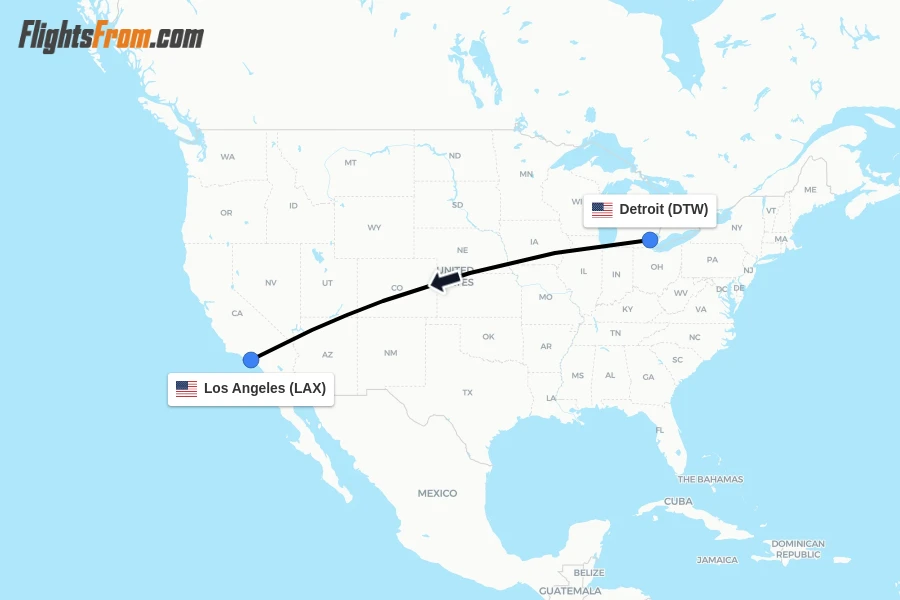 Flights from Detroit to Los Angeles route map