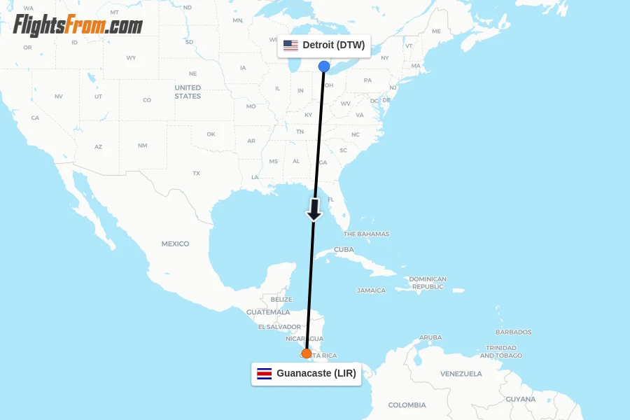 Flights from Detroit to Guanacaste route map