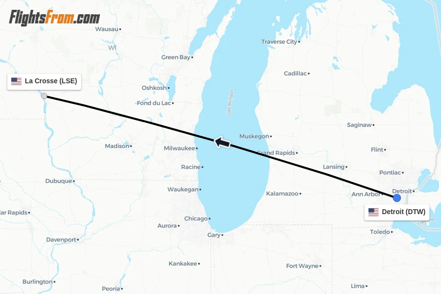 Flights from Detroit to La Crosse route map