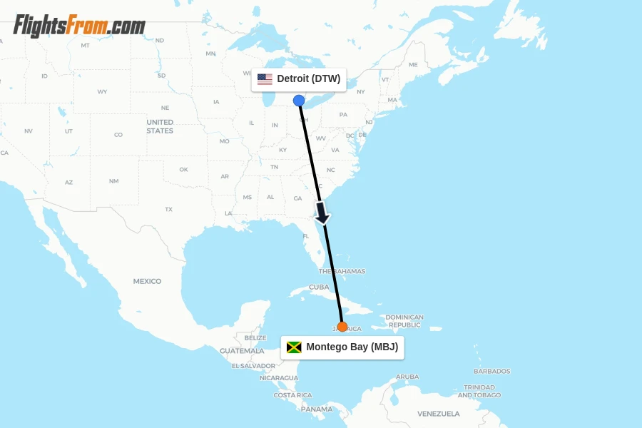 Flights from Detroit to Montego Bay route map