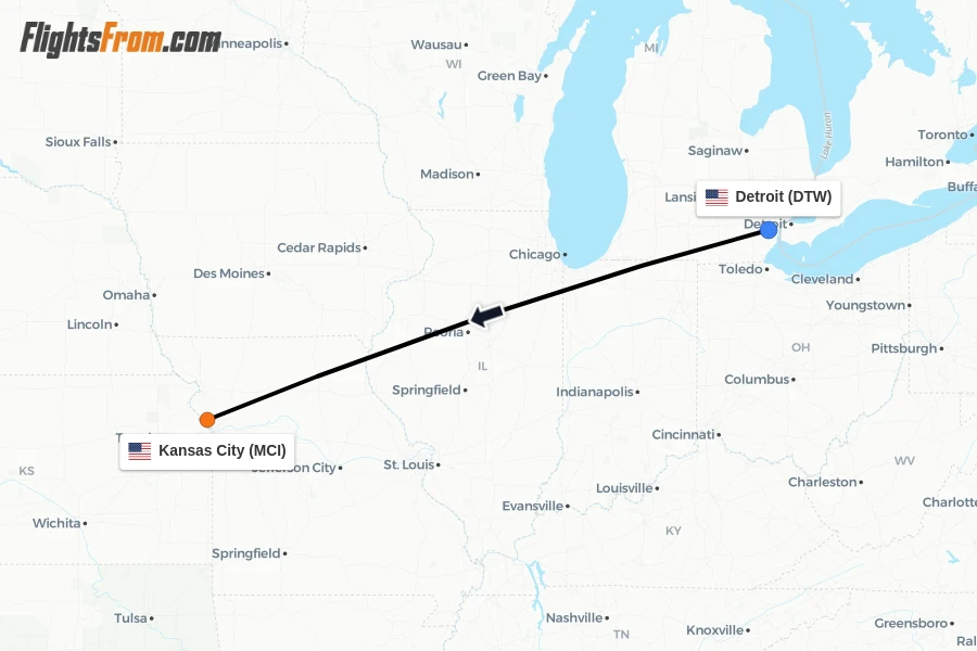 Flights from Detroit to Kansas City route map