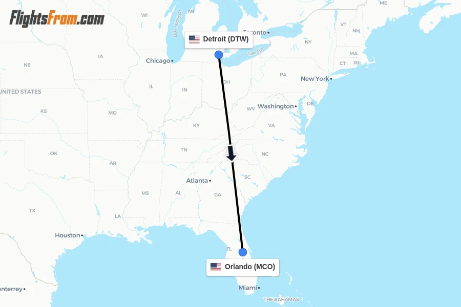 Flights from Detroit to Orlando route map