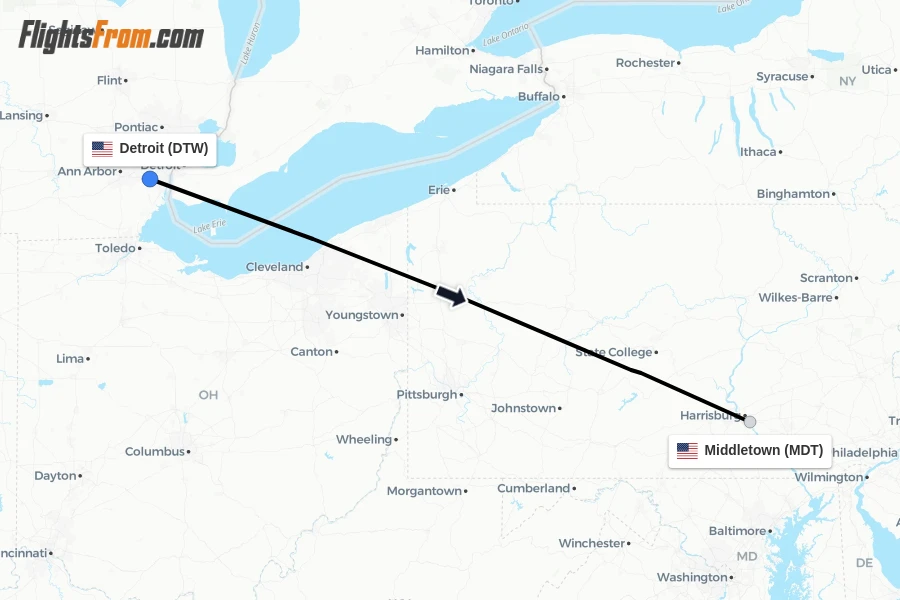 Flights from Detroit to Middletown route map