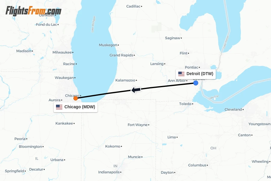 Flights from Detroit to Chicago route map