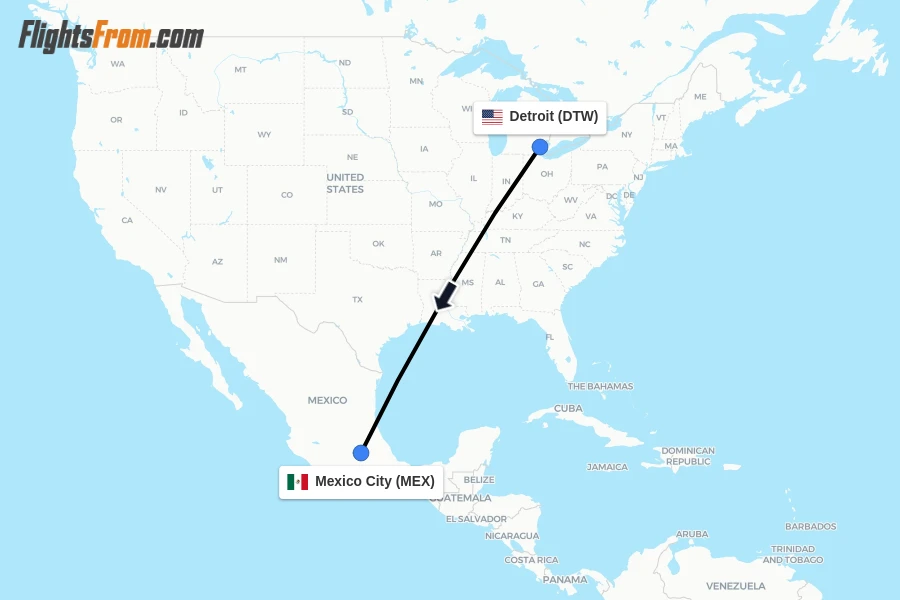 Flights from Detroit to Mexico City route map