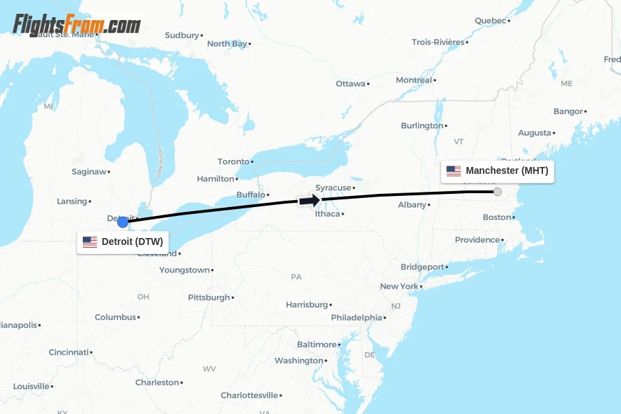 Flights from Detroit to Manchester route map