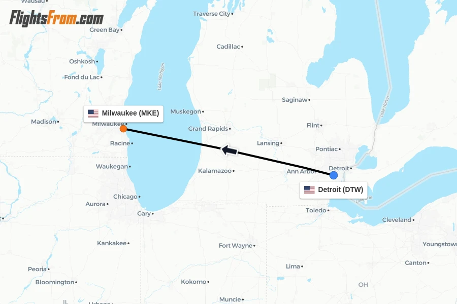 Flights from Detroit to Milwaukee route map