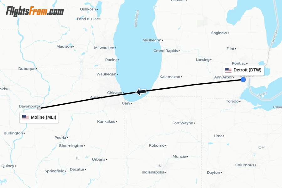 Flights from Detroit to Moline route map