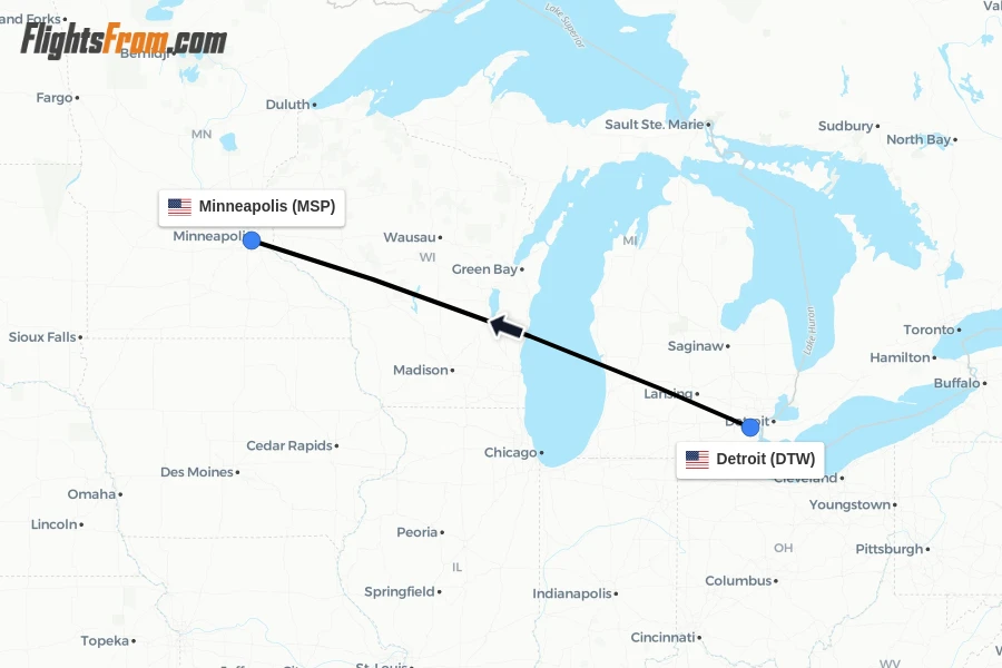 Flights from Detroit to Minneapolis route map