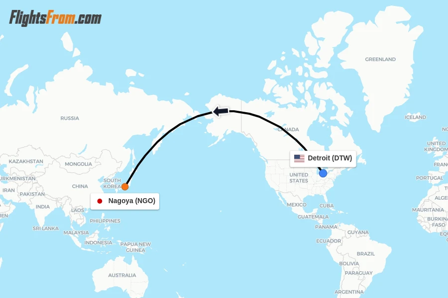 Flights from Detroit to Nagoya route map