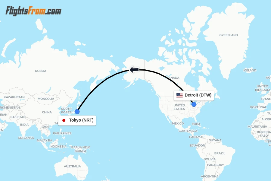 Flights from Detroit to Tokyo route map