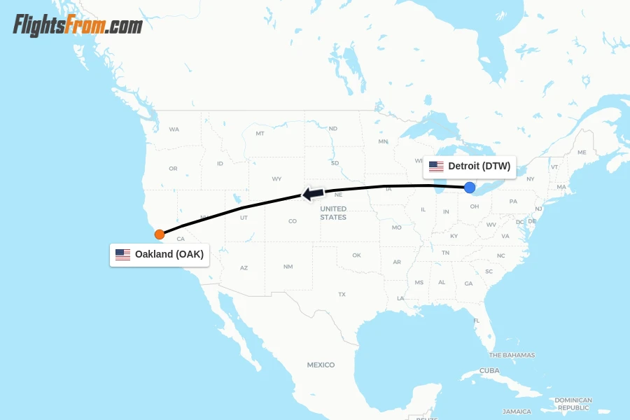 Flights from Detroit to Oakland route map