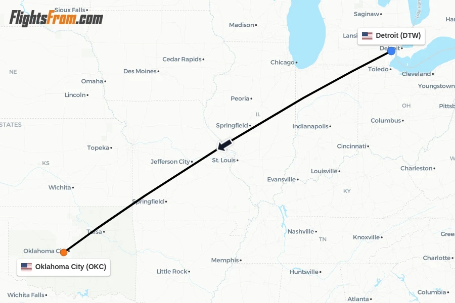 Flights from Detroit to Oklahoma City route map