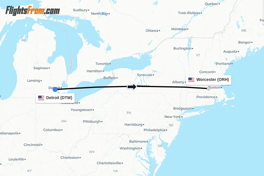 Flights from Detroit to Worcester route map