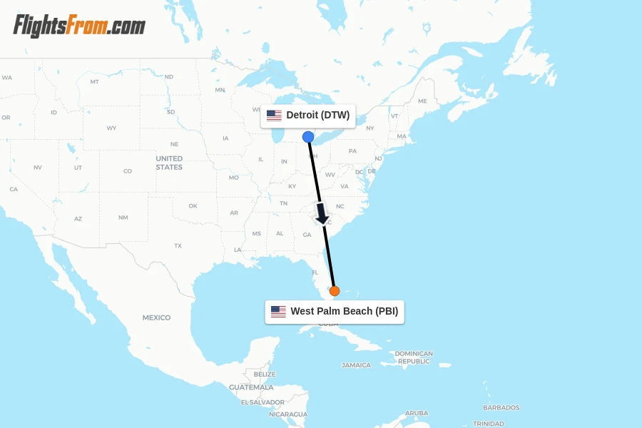 Flights from Detroit to West Palm Beach route map