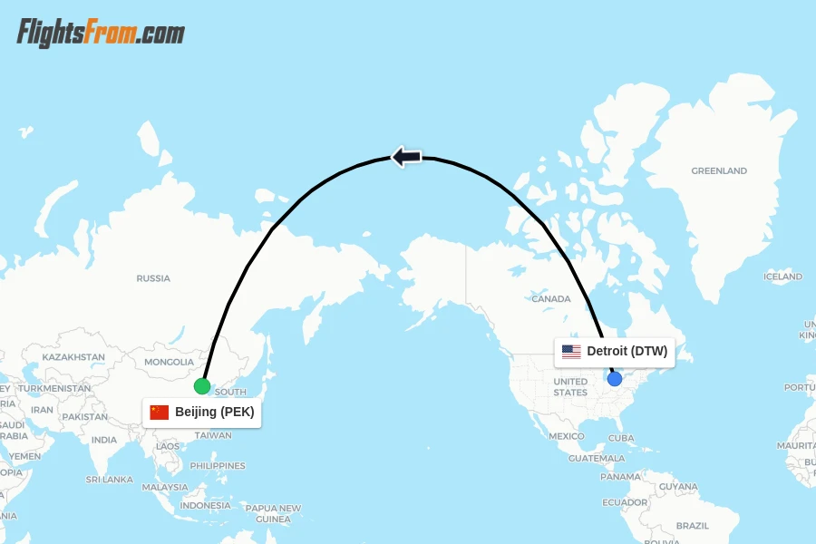 Flights from Detroit to Beijing route map