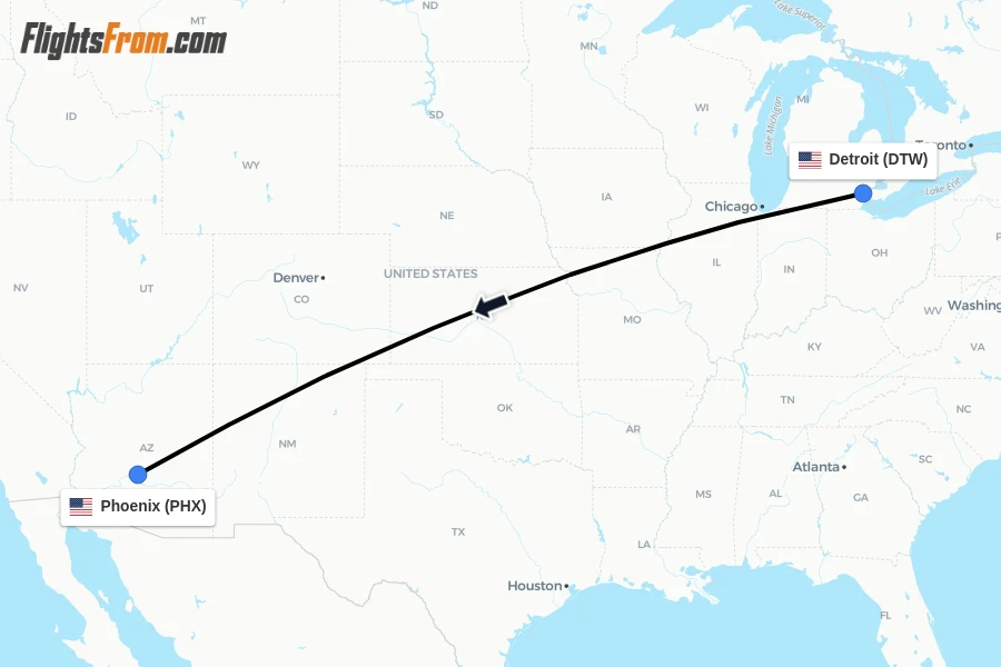 Flights from Detroit to Phoenix route map