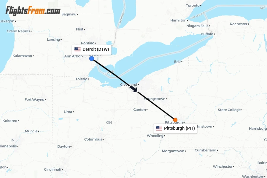 Flights from Detroit to Pittsburgh route map