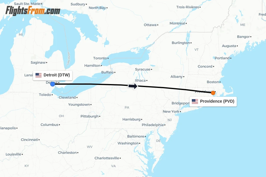 Flights from Detroit to Providence route map