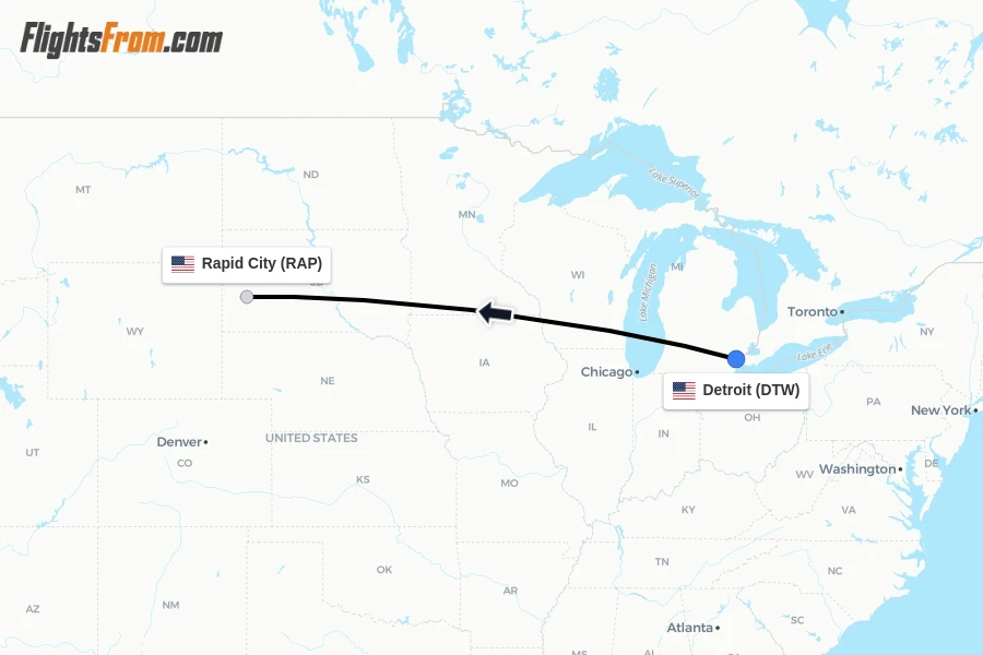 Flights from Detroit to Rapid City route map