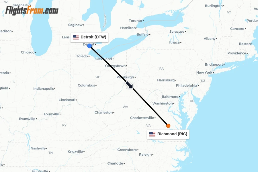Flights from Detroit to Richmond route map