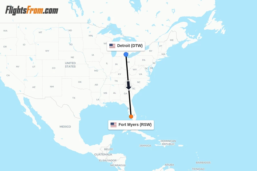 Flights from Detroit to Fort Myers route map