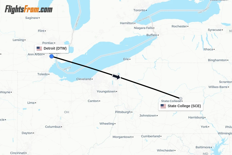 Flights from Detroit to State College route map