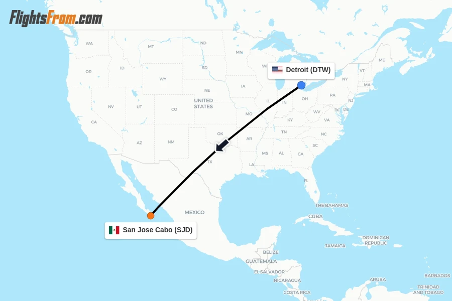 Flights from Detroit to San Jose Cabo route map