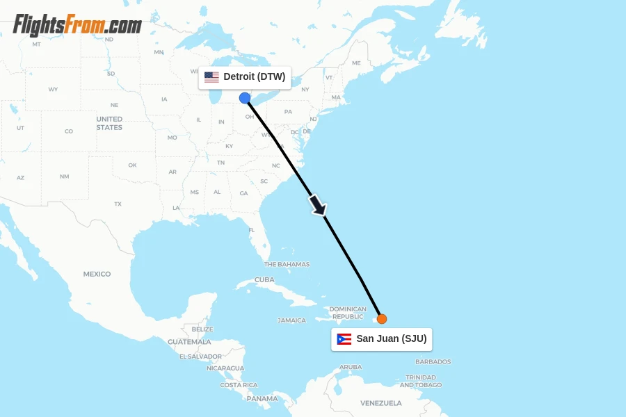 Flights from Detroit to San Juan route map