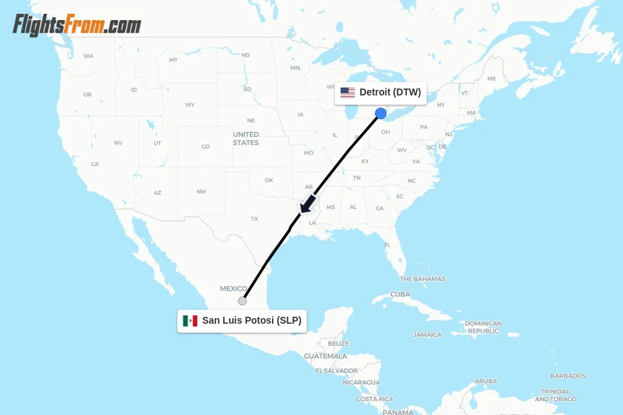 Flights from Detroit to San Luis Potosi route map