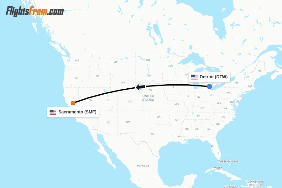 Flights from Detroit to Sacramento route map