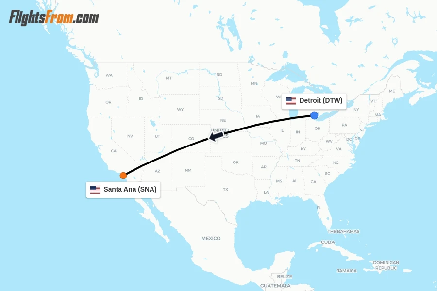 Flights from Detroit to Santa Ana route map