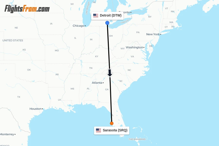 Flights from Detroit to Sarasota route map