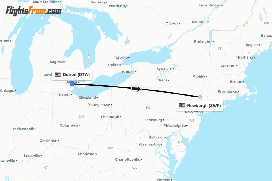 Flights from Detroit to Newburgh route map