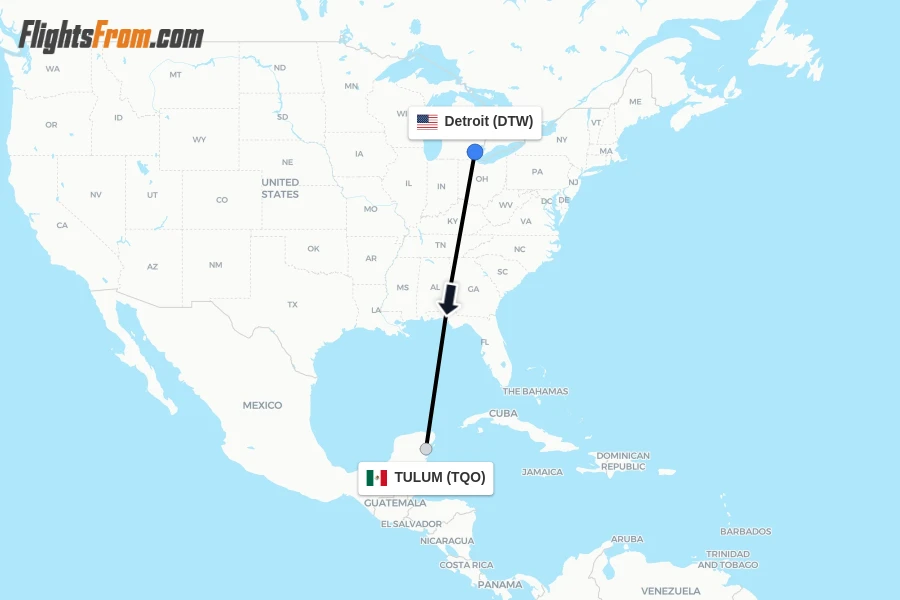 Flights from Detroit to TULUM route map