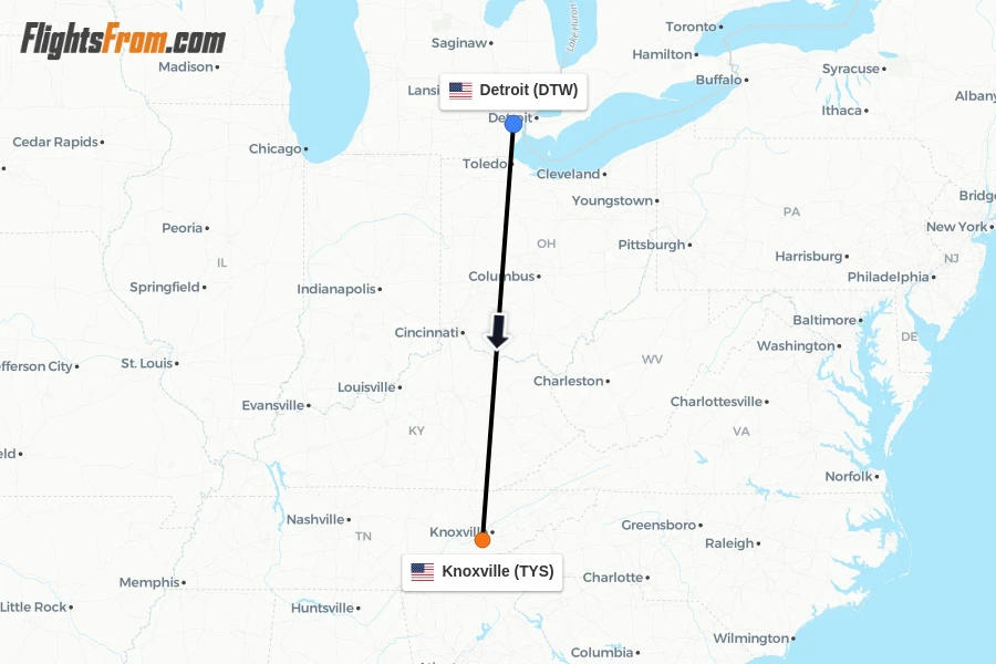 Flights from Detroit to Knoxville route map