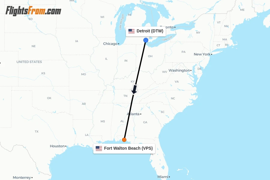 Flights from Detroit to Fort Walton Beach route map