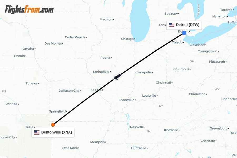 Flights from Detroit to Bentonville route map
