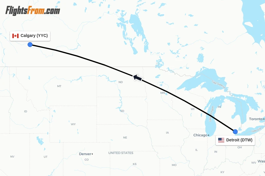 Flights from Detroit to Calgary route map