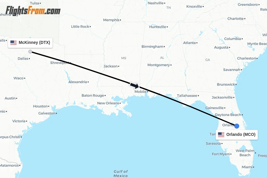 Flights from McKinney to Orlando route map